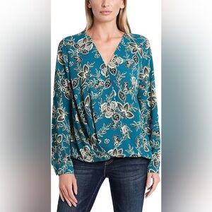 New Vince Camuto Teal Floral Faux Wrap Blouse